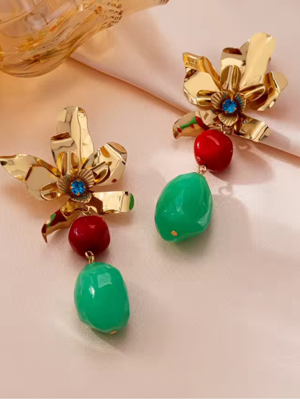 Gold Flower Drop Earrings with Red and Green Accents - Picture 1 of 6